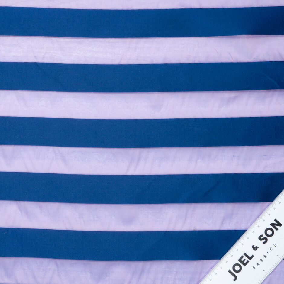 Wide Dark Blue Satin Striped Lilac Silk Organza