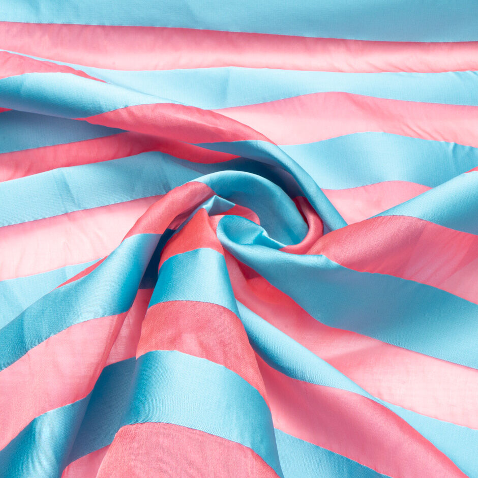 Turquoise Satin Striped Pink Silk Organza