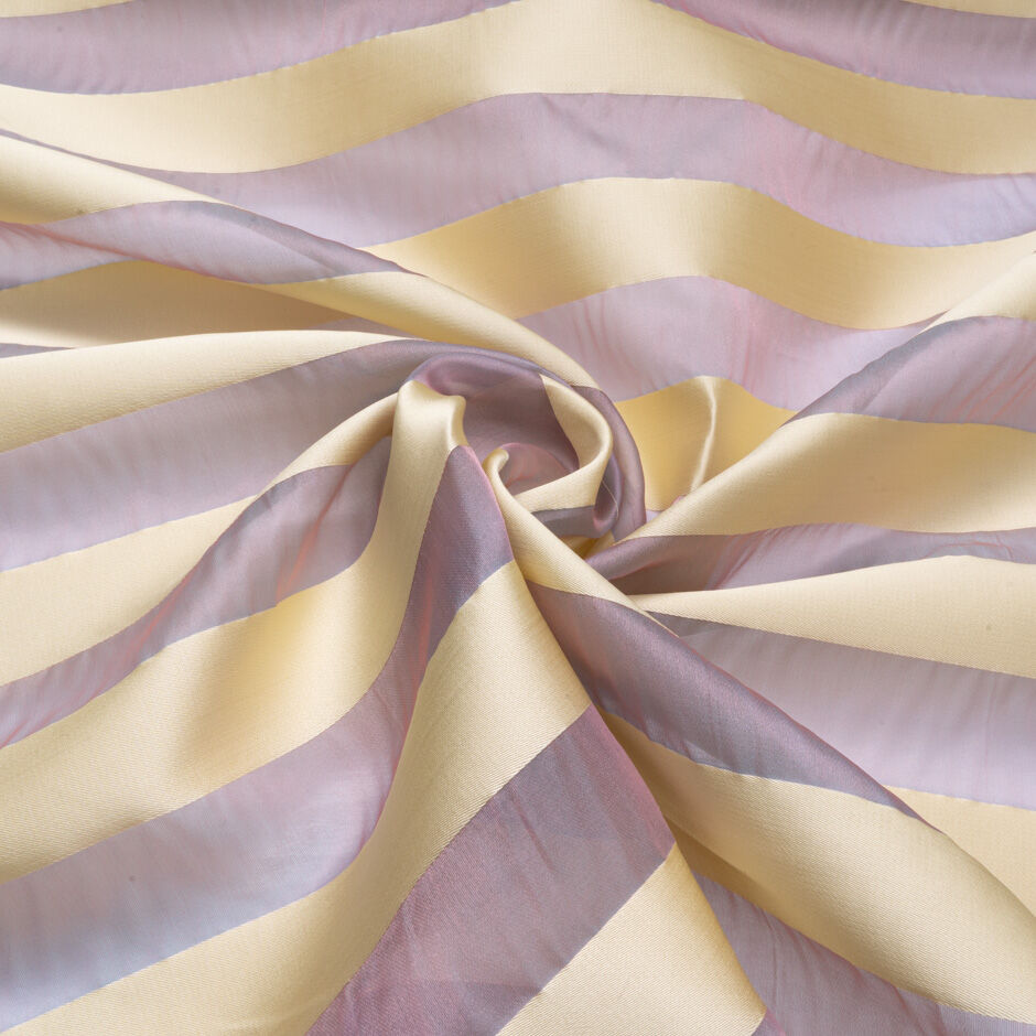 Vanilla Yellow Satin & Pale Lilac Wide Striped Silk Organza