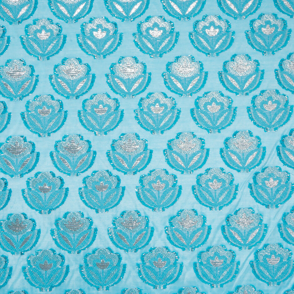 Silver Metallic Floral Jacquard Turquoise Organza