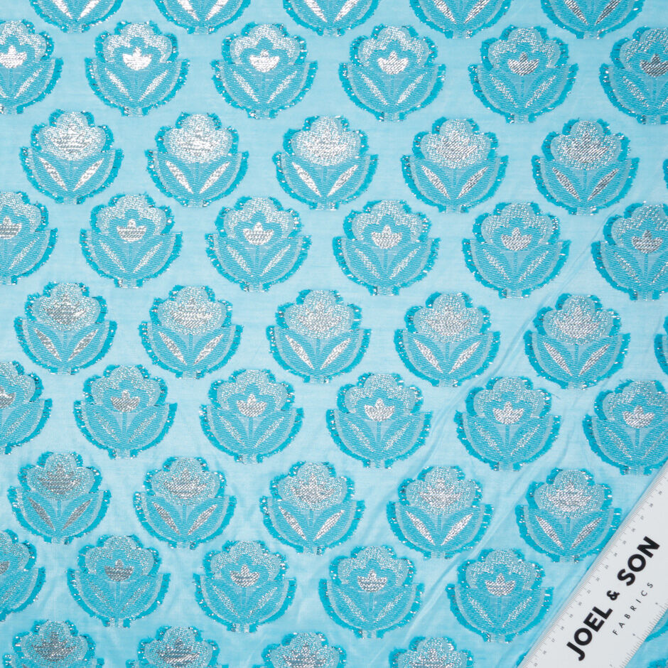 Silver Metallic Floral Jacquard Turquoise Organza