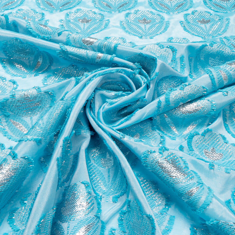 Silver Metallic Floral Jacquard Turquoise Organza