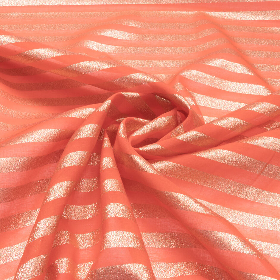 Light Red & Gold Metallic Striped Silk Organza