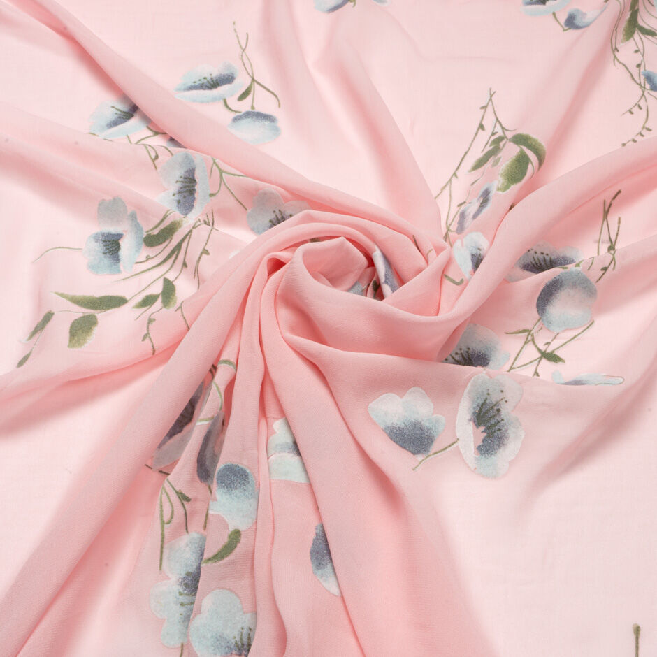 Grey Floral Flocked Appliqué Baby Pink Georgette