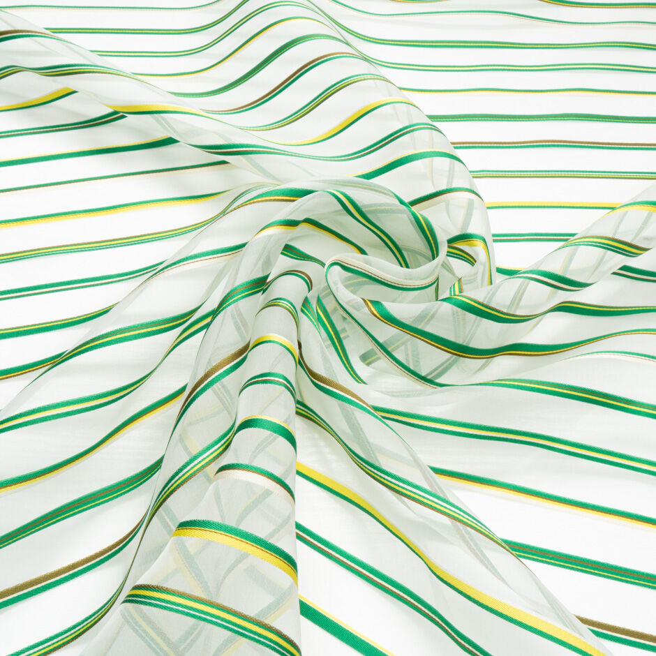Emerald Green & Yellow Striped White Organza