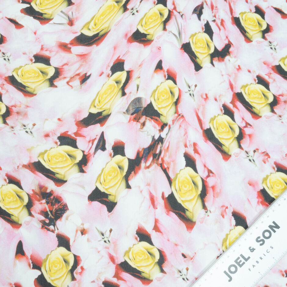 Yellow Rose Printed Red & Black Silk Georgette