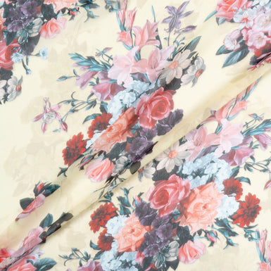 Rose & Floral Printed Soft Yellow Silk Georgette