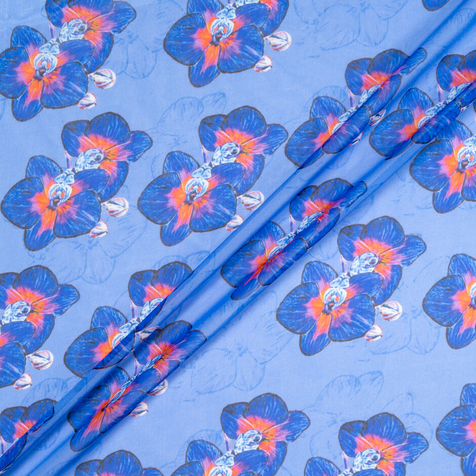 Blue Floral Printed Sky Blue Silk Georgette