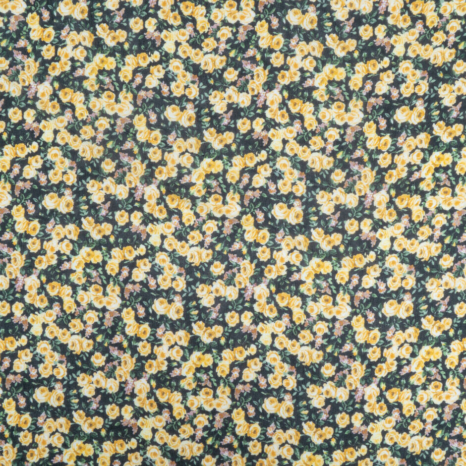 Petite Yellow Rose Printed Black Silk Georgette