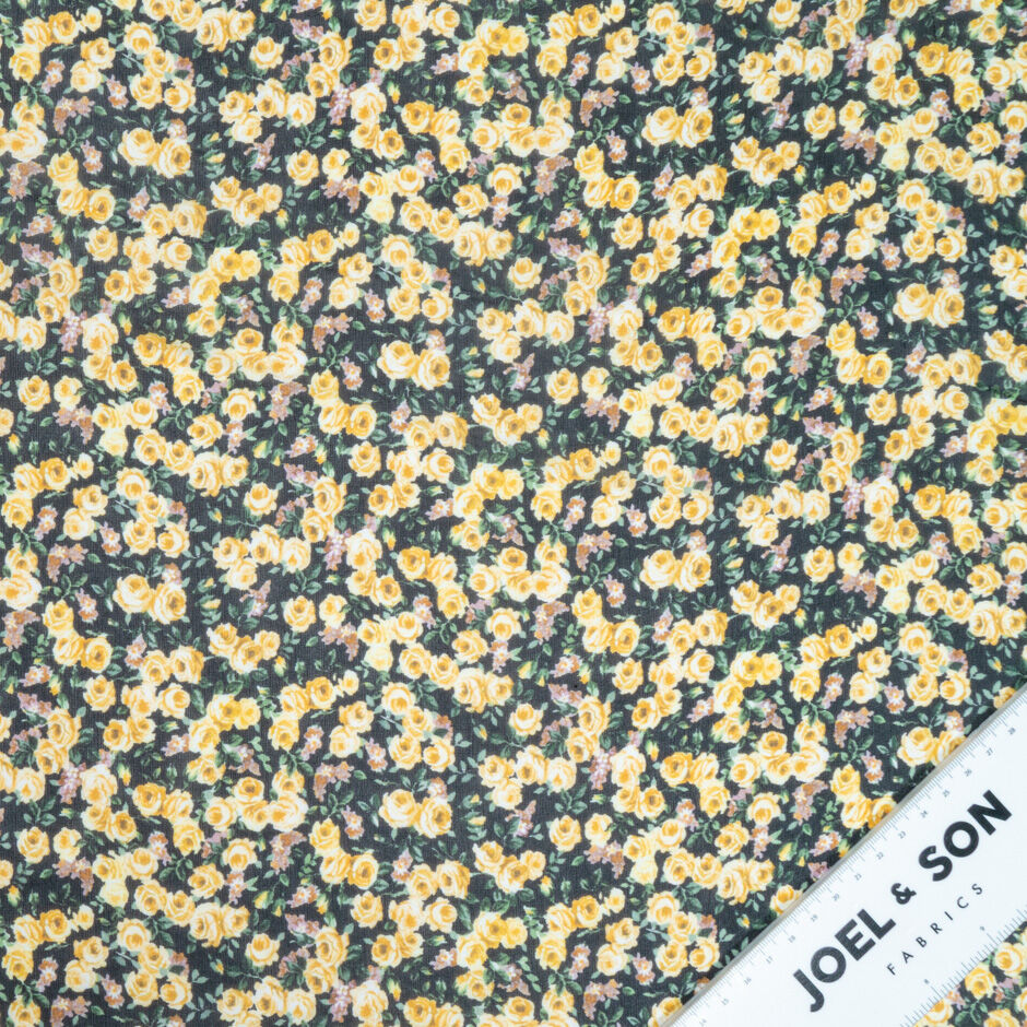 Petite Yellow Rose Printed Black Silk Georgette