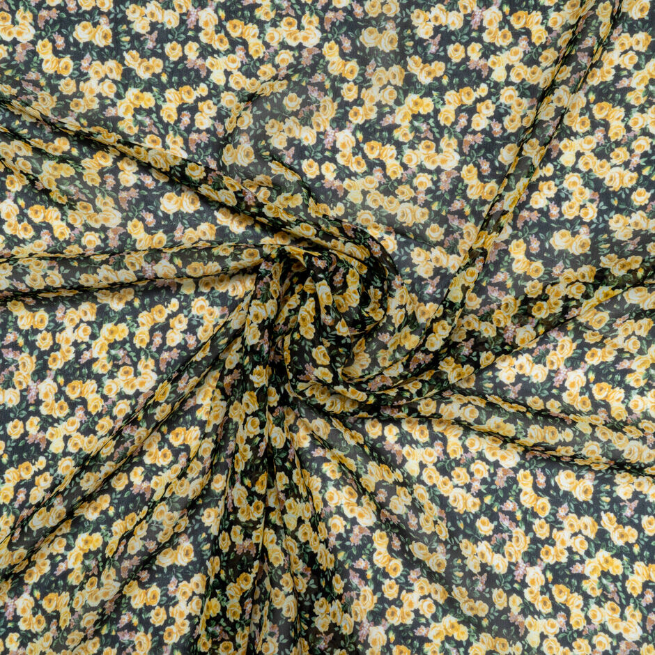 Petite Yellow Rose Printed Black Silk Georgette