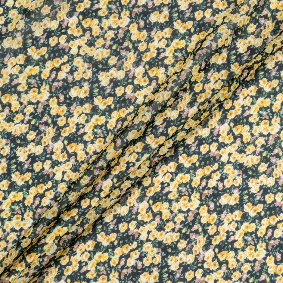 Petite Yellow Rose Printed Black Silk Georgette