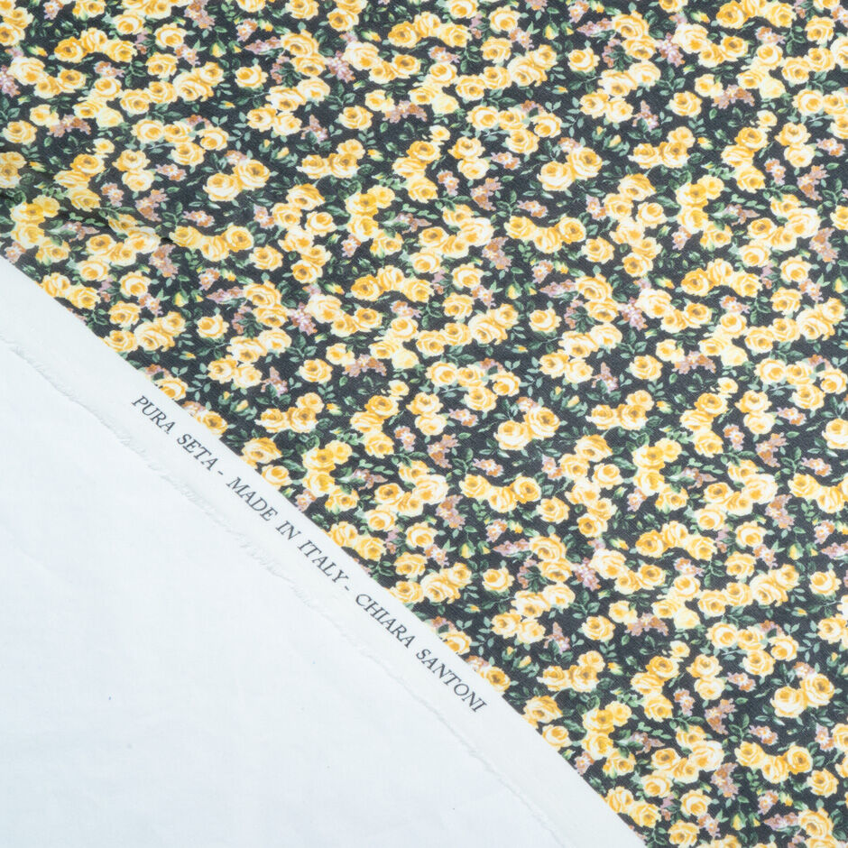 Petite Yellow Rose Printed Black Silk Georgette