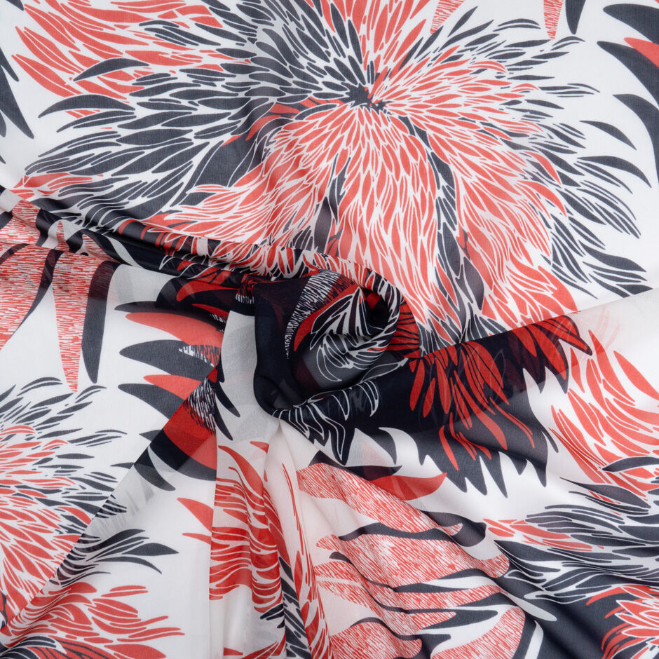 Red & Blue Abstract Floral Printed White Silk Georgette