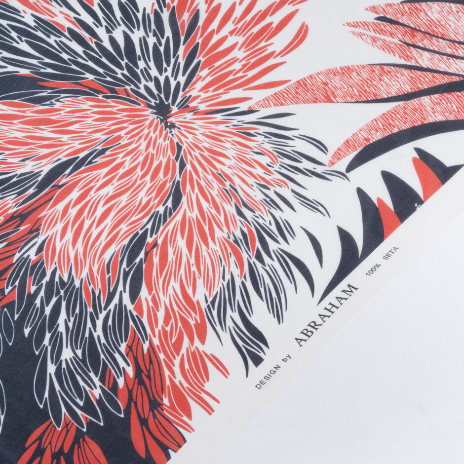 Red & Blue Abstract Floral Printed White Silk Georgette