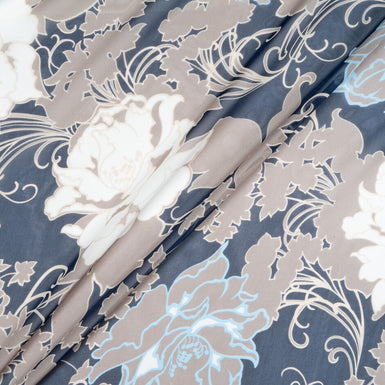 Taupe & Ivory Floral Printed Blue Silk Georgette