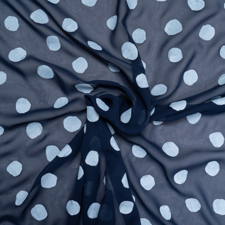 Vision Printed Spotted Dark Blue Pure Silk Georgette