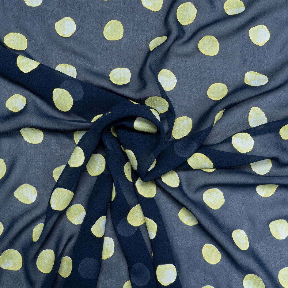Yellow Vision Printed Spotted Navy Blue Silk Georgette