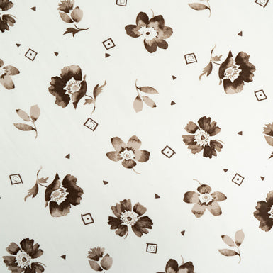 Brown Floral Printed Ivory Silk Crêpe de Chine (A 1.90m Piece)