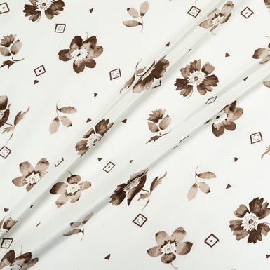 Brown Floral Printed Ivory Silk Crêpe de Chine (A 1.90m Piece)