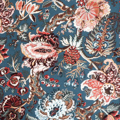 Multi Floral Printed Denim Blue Silk Crêpe de Chine