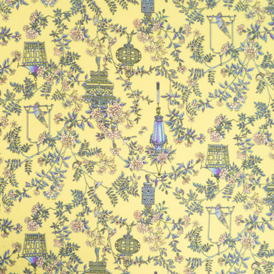 Chinoiserie Floral Printed Yellow Silk Crêpe de Chine