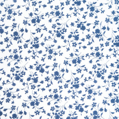 Dainty Blue Floral Printed White Silk Crepe de Chine