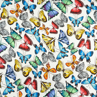 Multi-Coloured Butterfly Printed White Microfibre Crêpe