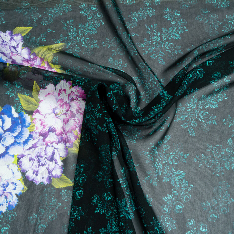 Multi Floral Printed Black Pure Silk Georgette (A 2m Piece)