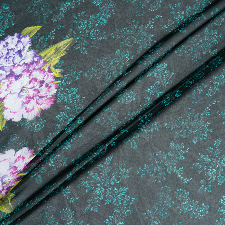 Multi Floral Printed Black Pure Silk Georgette (A 2m Piece)