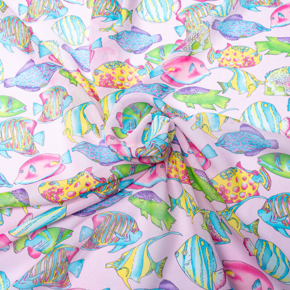 Multi Fish Printed Candy Pink Silk Georgette