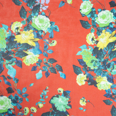 Mint & Yellow Rose Printed Red Silk Georgette