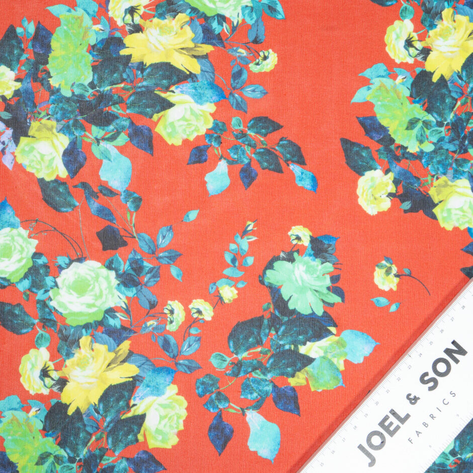 Mint & Yellow Rose Printed Red Silk Georgette