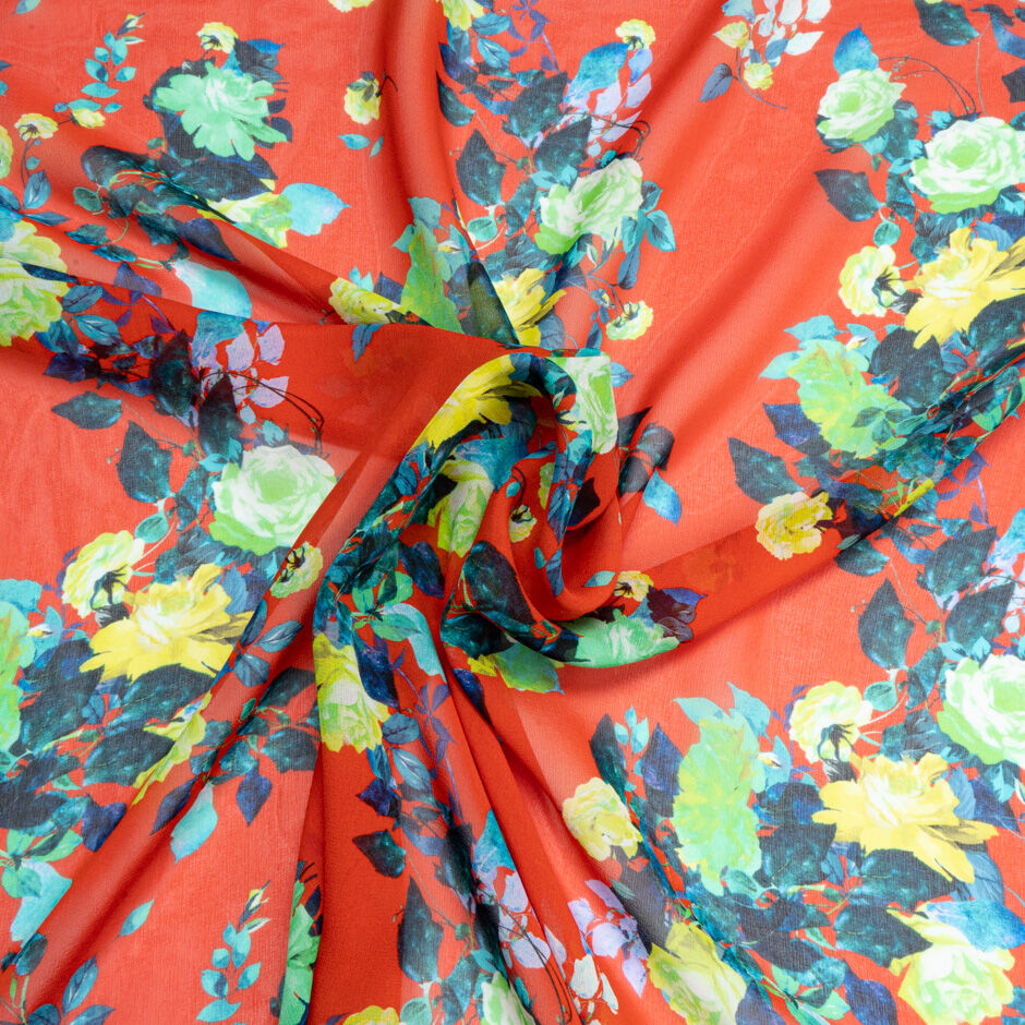 Mint & Yellow Rose Printed Red Silk Georgette
