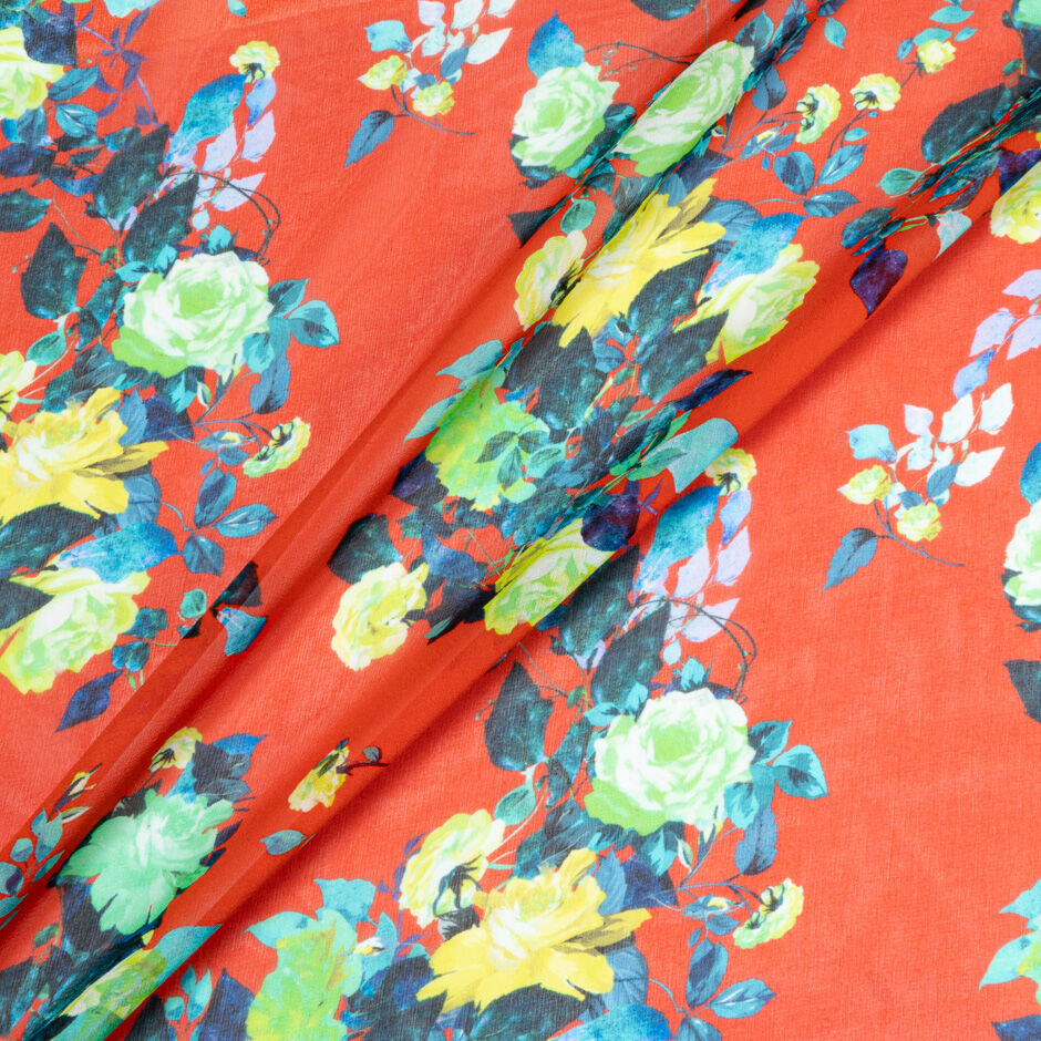 Mint & Yellow Rose Printed Red Silk Georgette