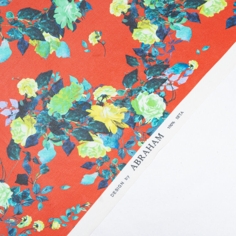 Mint & Yellow Rose Printed Red Silk Georgette