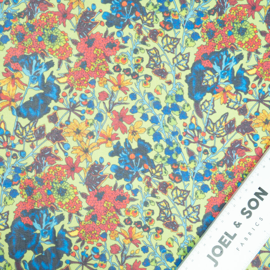 Blue, Red & Yellow Floral Printed Green Silk Georgette