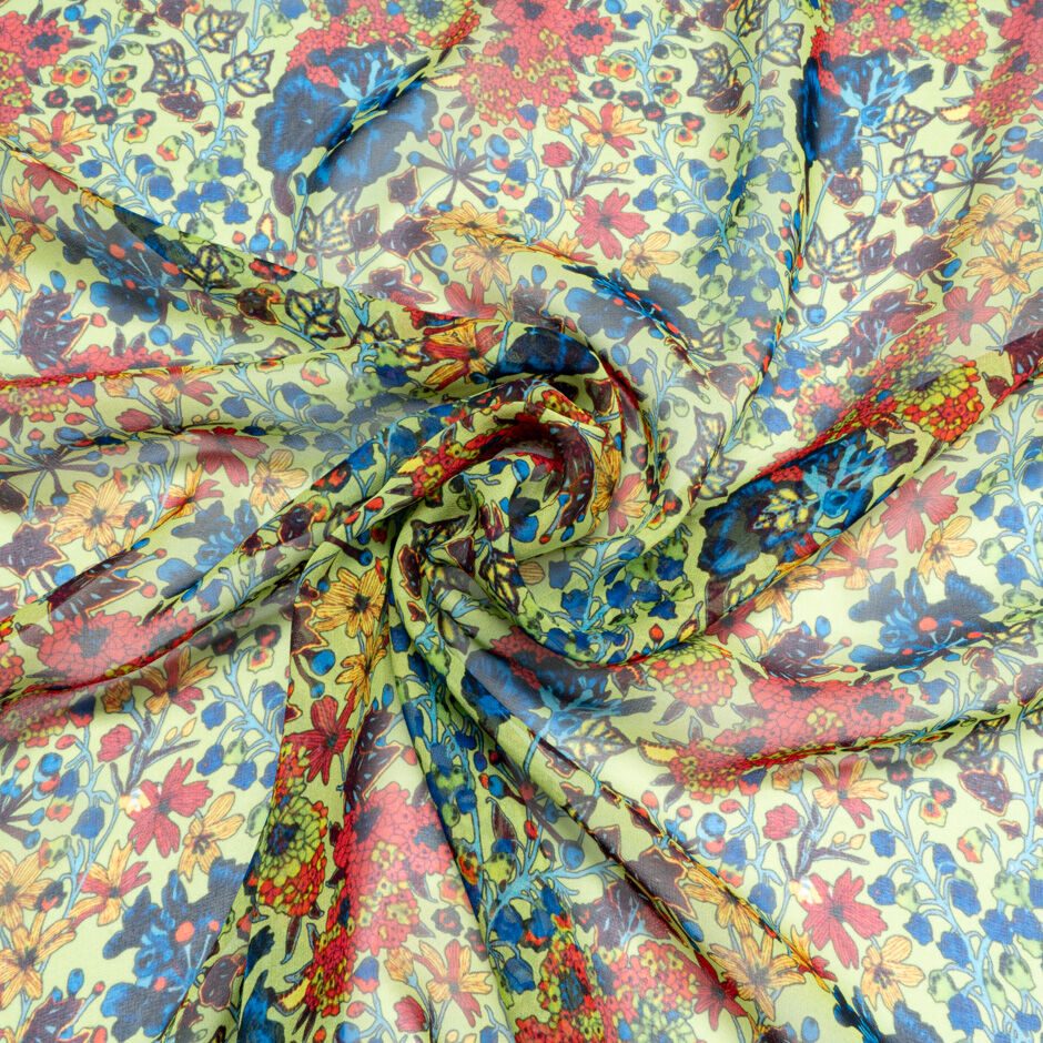 Blue, Red & Yellow Floral Printed Green Silk Georgette