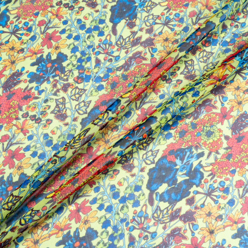 Blue, Red & Yellow Floral Printed Green Silk Georgette