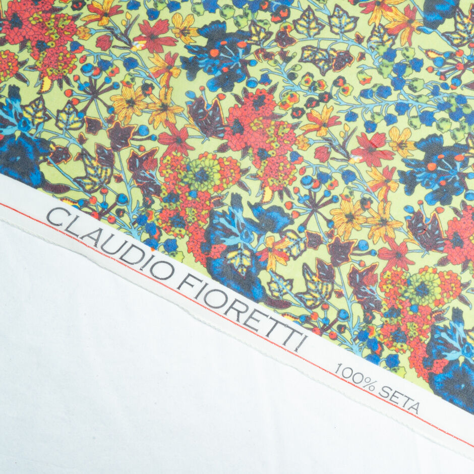 Blue, Red & Yellow Floral Printed Green Silk Georgette