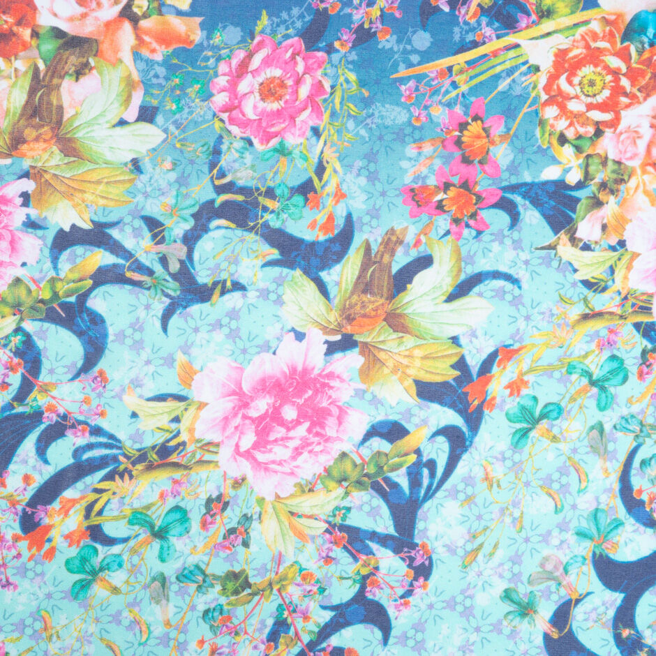 Multi-Coloured Floral Printed Blue Ombré Silk Georgette (A 1.90m Piece)