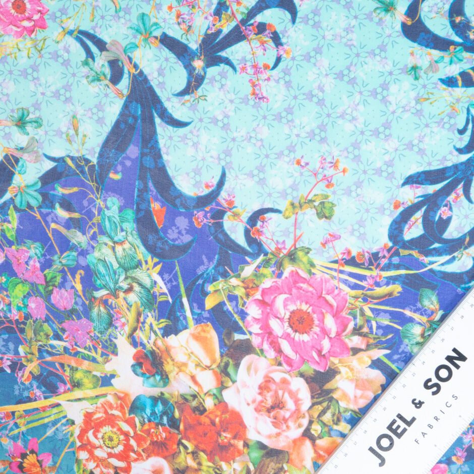 Multi-Coloured Floral Printed Blue Ombré Silk Georgette (A 1.90m Piece)