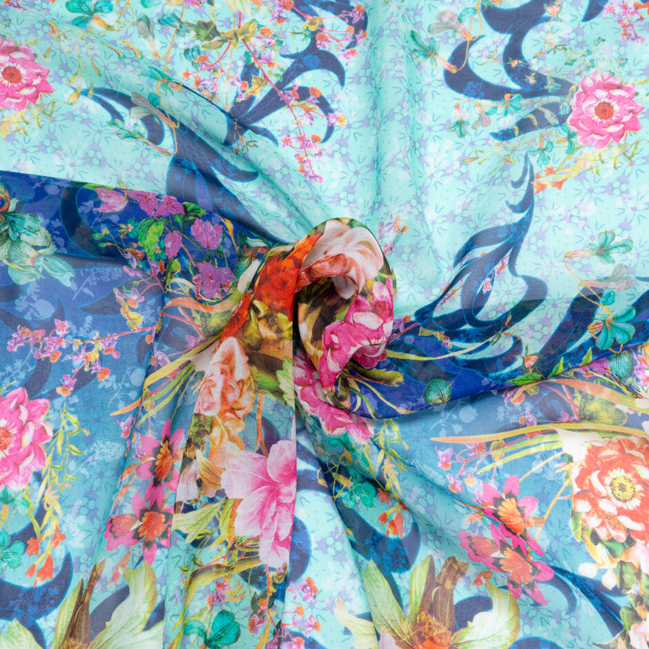 Multi-Coloured Floral Printed Blue Ombré Silk Georgette (A 1.90m Piece)