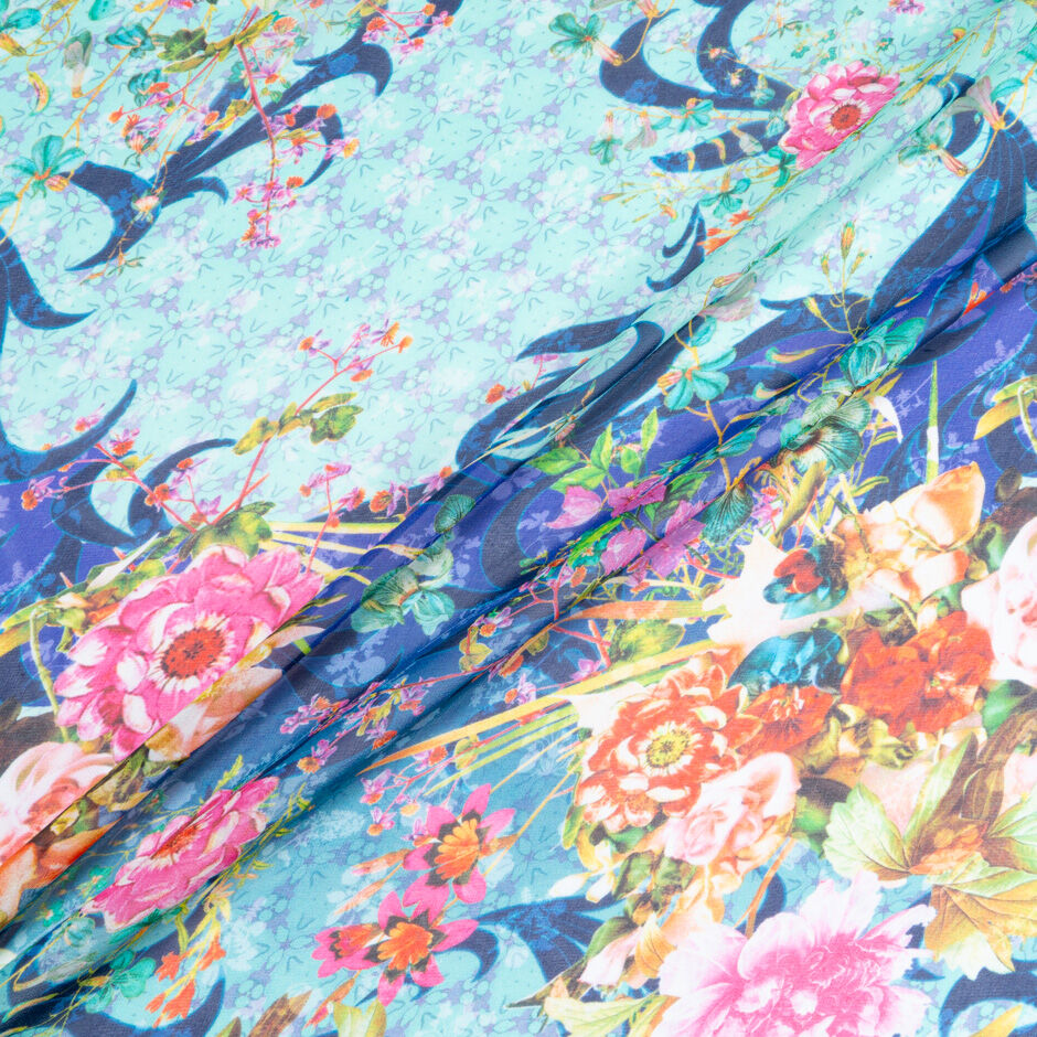 Multi-Coloured Floral Printed Blue Ombré Silk Georgette (A 1.90m Piece)