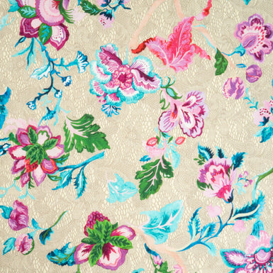 Pink, Purple & Turquoise Floral & Beige Lace Printed Linen
