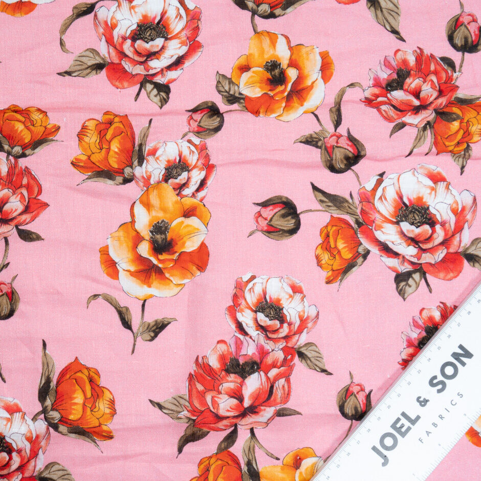 Red Floral Printed Candy Pink Pure Linen