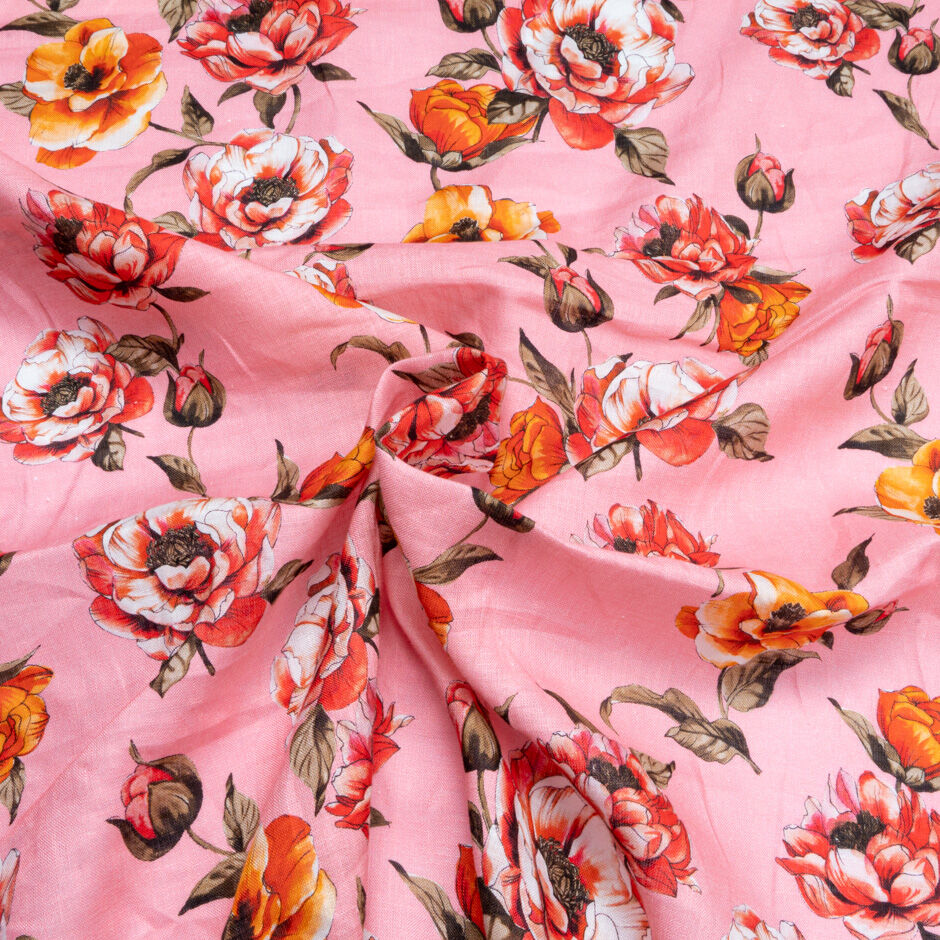 Red Floral Printed Candy Pink Pure Linen