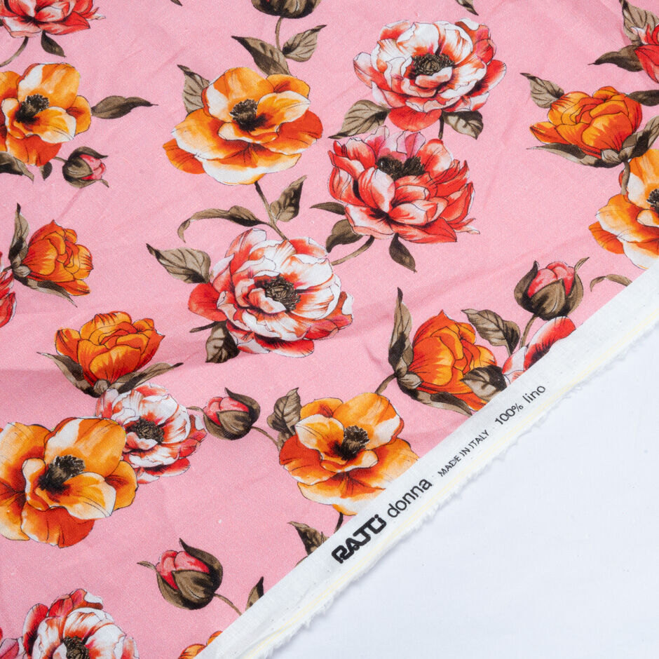 Red Floral Printed Candy Pink Pure Linen