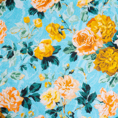 Orange Floral Printed Turquoise Pure Linen