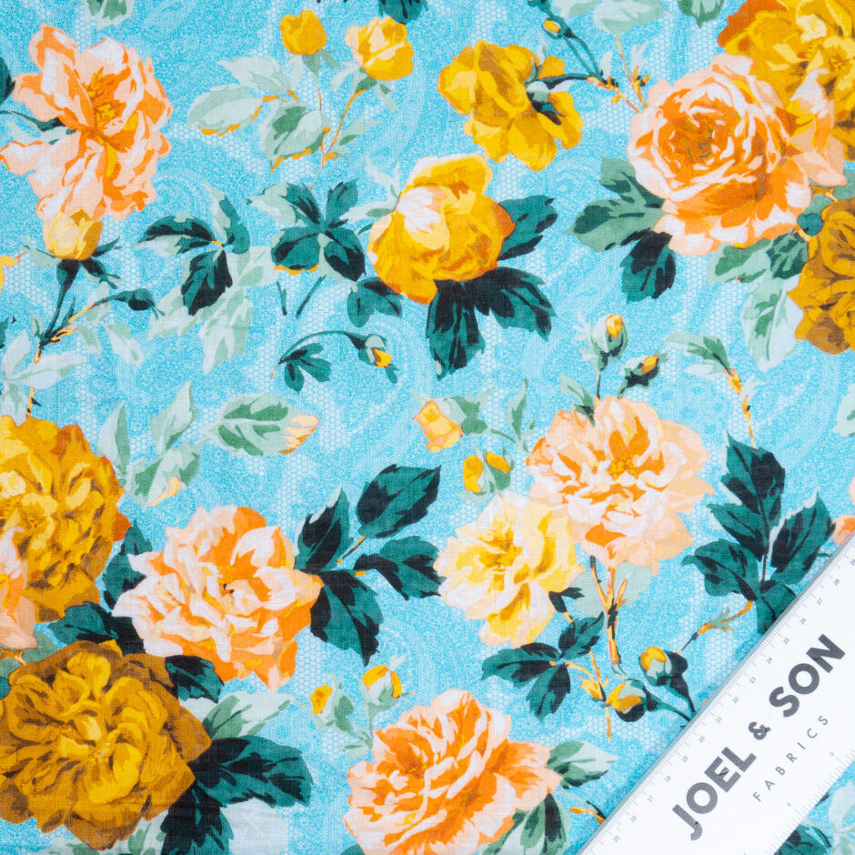 Orange Floral Printed Turquoise Pure Linen